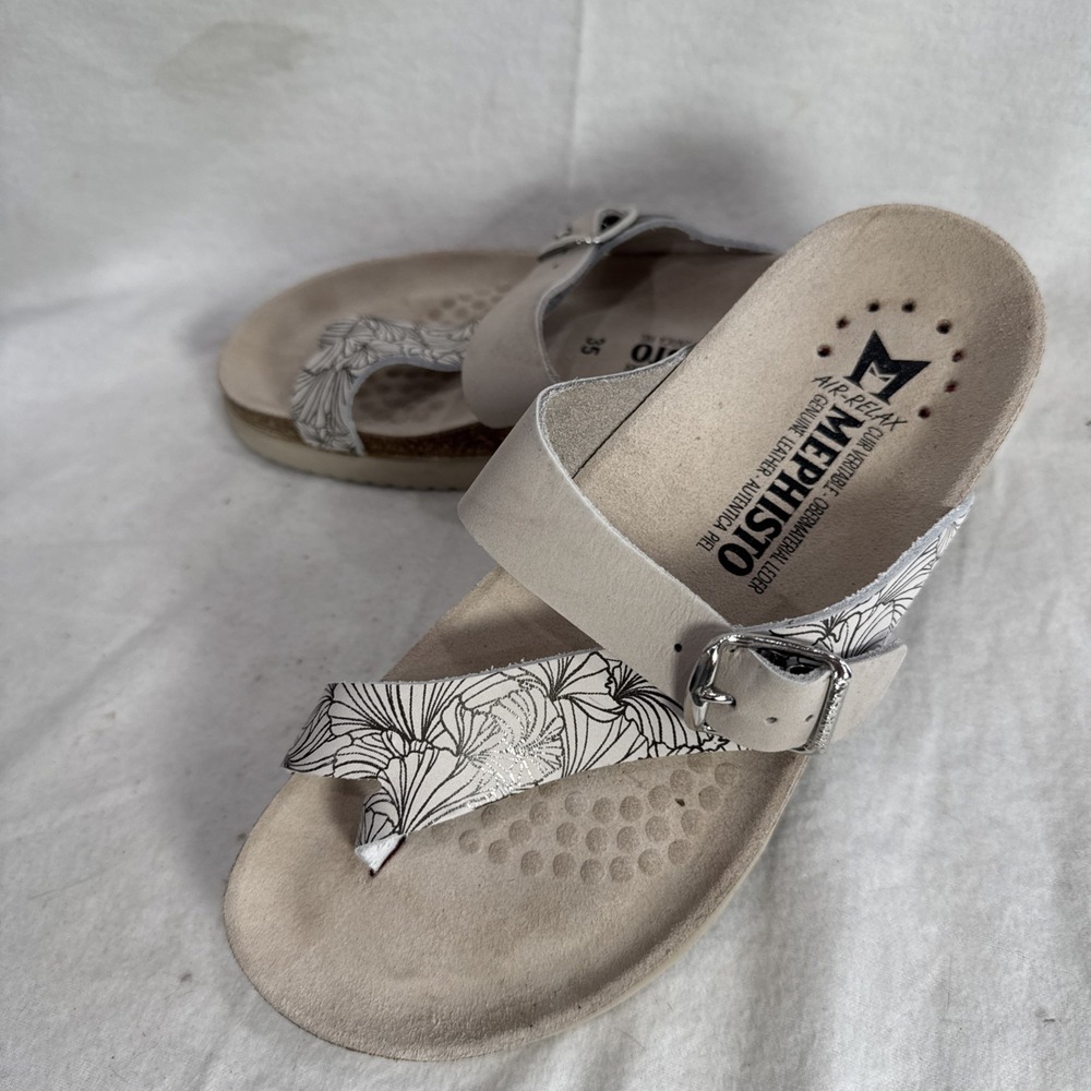 Mephisto Helen Mix Women's Size 35 US 5 White Floral Leather Cork Wedge Sandals